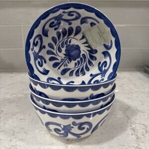 Set 4 BLUE ROSE SCROLL 6x3” Melamine Salad Cereal Bowls Artisan De Luxe Bowl NEW